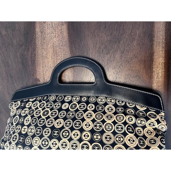 Chanel Black & Beige CC Coin Canvas Tote Bag With Leather Trim - Picture 4 of 9